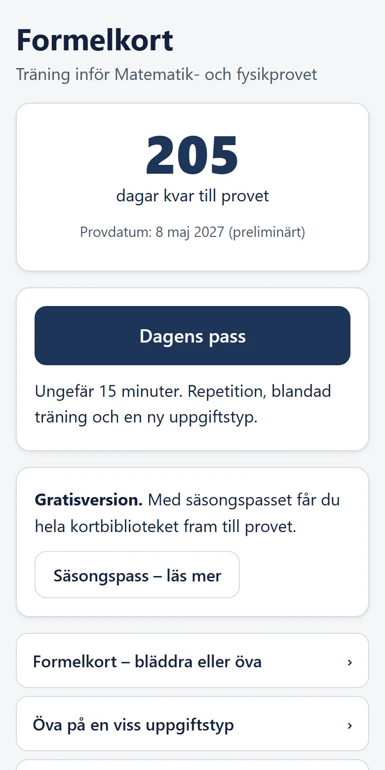 Appens startsida med nedräkning till provet och knappen Dagens pass